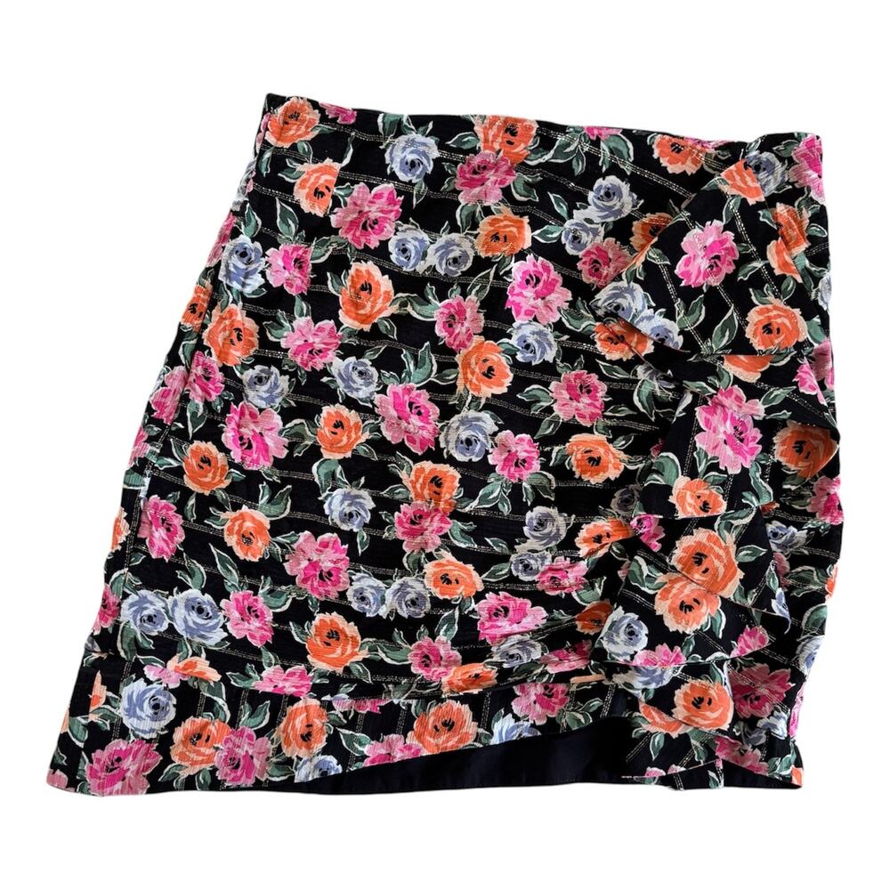 Garage Black Multi Floral Ruffle Side Mini Skirt Women’s Small Boho Y2K Metallic